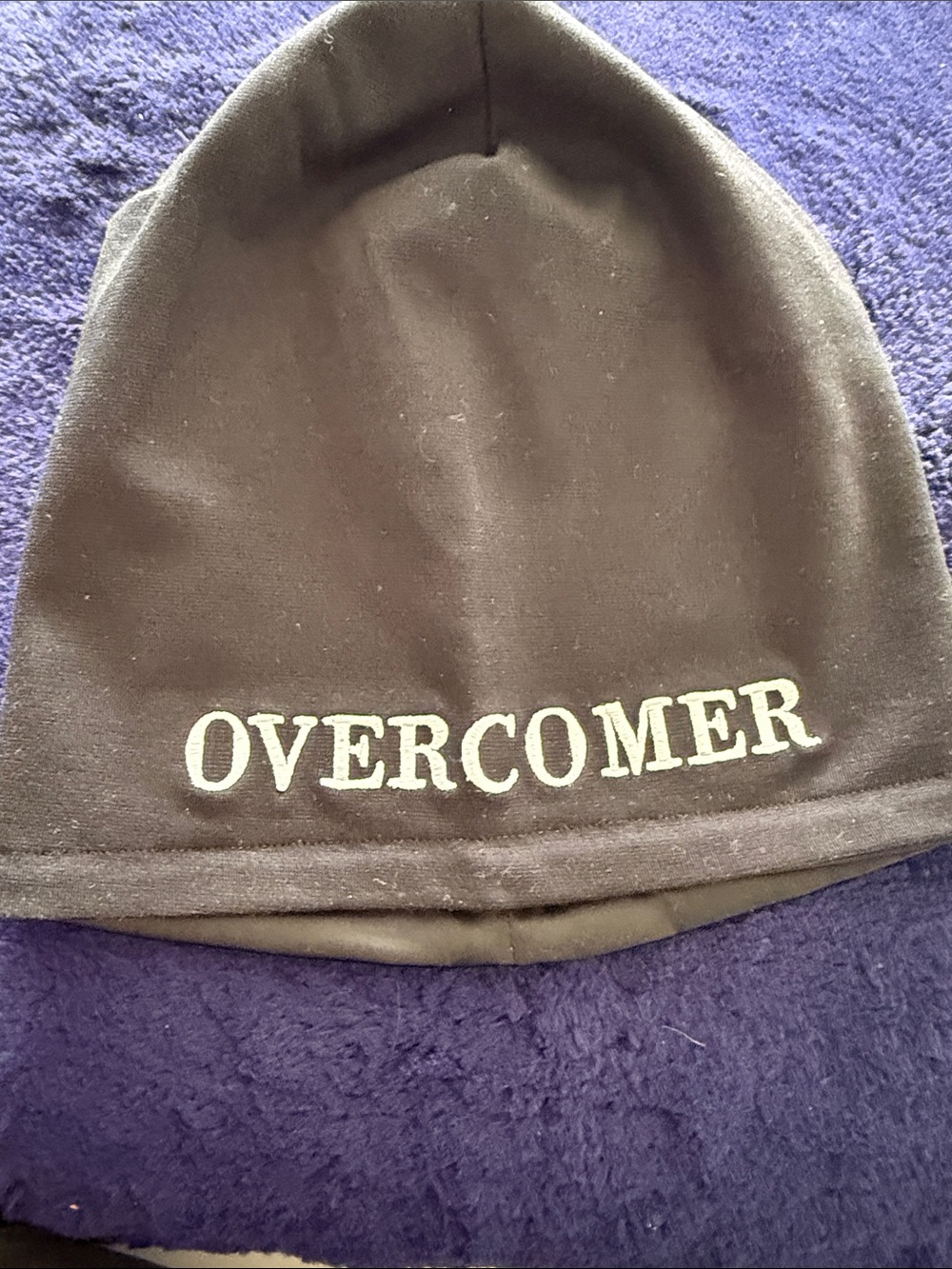 OVERCOMER Black Beanie Hat - Motivational Embroidered Winter Cap